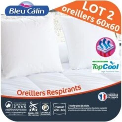 BLEU CALIN Lot De 2 Oreillers Respirant TOPCOOL 60x60cm Blanc