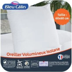 BLEU CALIN Oreiller VOLUMINEUX 100% Coton - 60 X 60 Cm