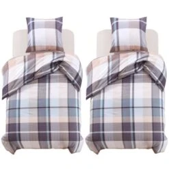 Jeu De Housse De Couette Carreaux Kaki 155x220/80x80 Cm