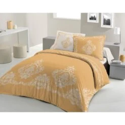 LOVELY HOME Parure De Couette 240x260 Cm + 2 Taies D'oreiller 65x65 Cm - 100% Coton BAROQUE - Ocre