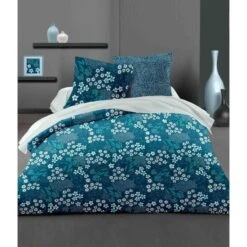 LOVELY HOME Parure De Couette 240x260 Cm + 2 Taies D'oreiller 65x65 Cm - 100% Coton MALMO - Bleu Paon