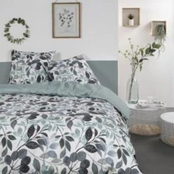 Parure De Lit Mawira - 2 Personnes - 260 X 240 Cm - 100% Coton - Vert Motif Floral - TODAY