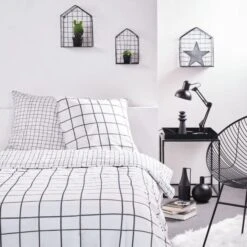 Parure De Lit Sunshine - 2 Personnes - 220 X 240 Cm - 100% Coton - Blanc Motif A Carreaux - TODAY