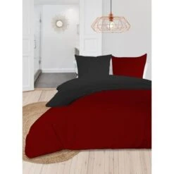 SOLEIL D'OCRE Parure De Couette Bicolore - Coton Lavé - 220 X 240 Cm - Rouge Et Gris Anthracite