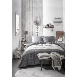 TODAY Parure De Couette 100% Coton ADVENTURE Au Coin Du Feu 240x260cm + 2 Taiess D'oreiller 63x63cm - Gris