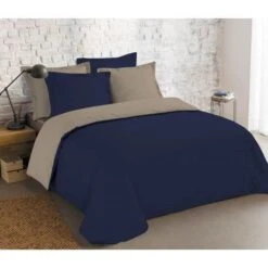 VISION Parure De Couette 100% Coton - Bicolore Et Réversible - 1 Housse De Couette 220 X 240 Cm + 2 Taies D'oreiller - Bleu Marine