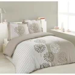 VISION Parure De Couette Anna 100% Coton - 1 Housse De Couette 240x260cm + 2 Taies 65x65 Cm - Beige